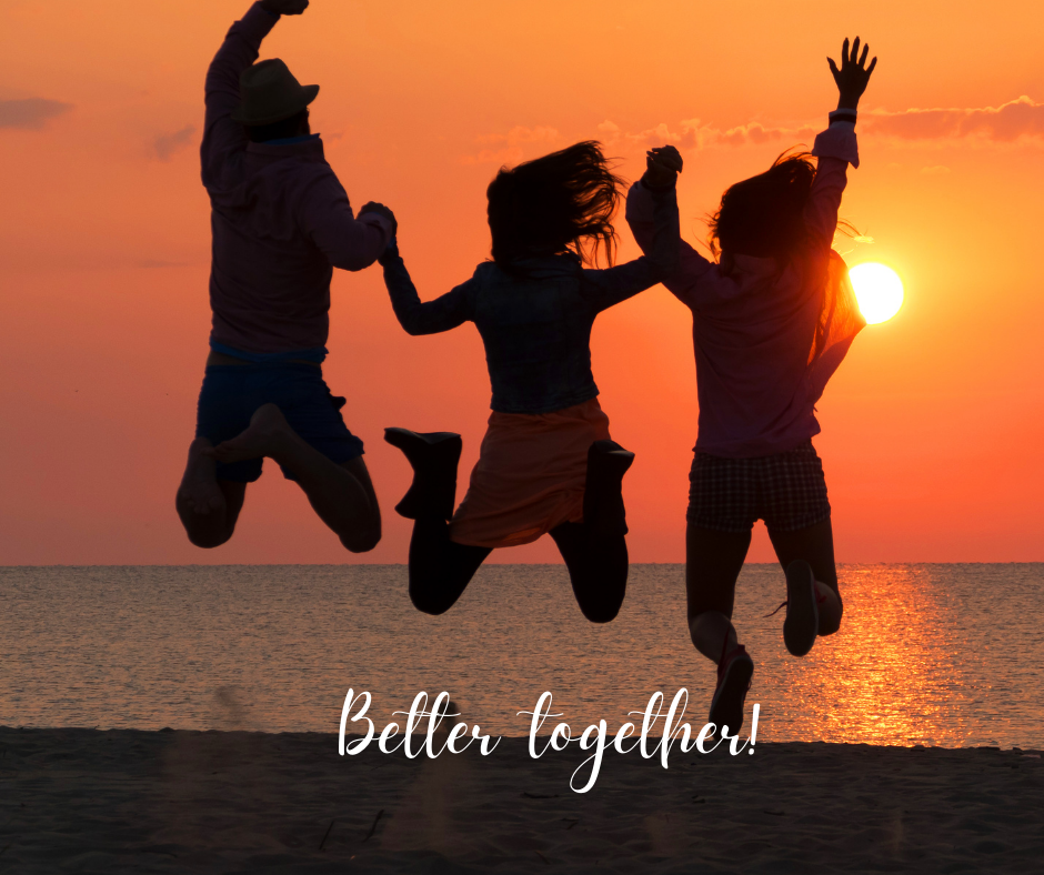 graphic of sun in horizon of the beach, silhouette of 3 people holding hands jumping in air