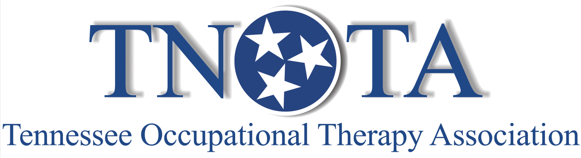  Graphic logo:white background, large blue  letters T, N, a solid blue circle with 3 whites stars, blue letters T, A.  Spells "TNOTA", below it in blue letters spell the words Tennessee Occupational Therapy Association