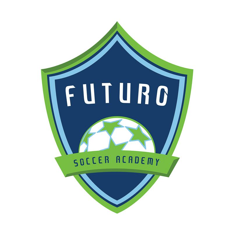 Ein grün-blaues  Futuro Soccer Academy Logo auf weißen Hintergrund.