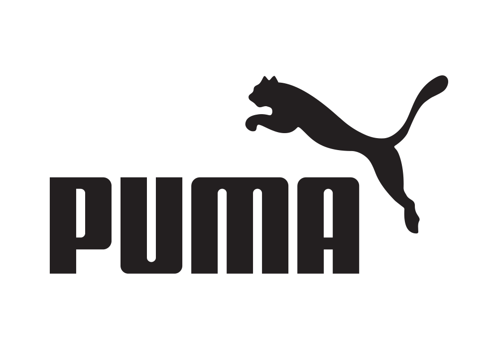 Ein schwarzes Puma-Logo auf weißen Hintergrund.