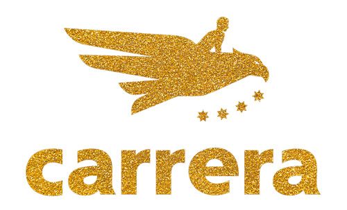 Ein goldenes Team Carrera Logo auf weißen Hintergrund.