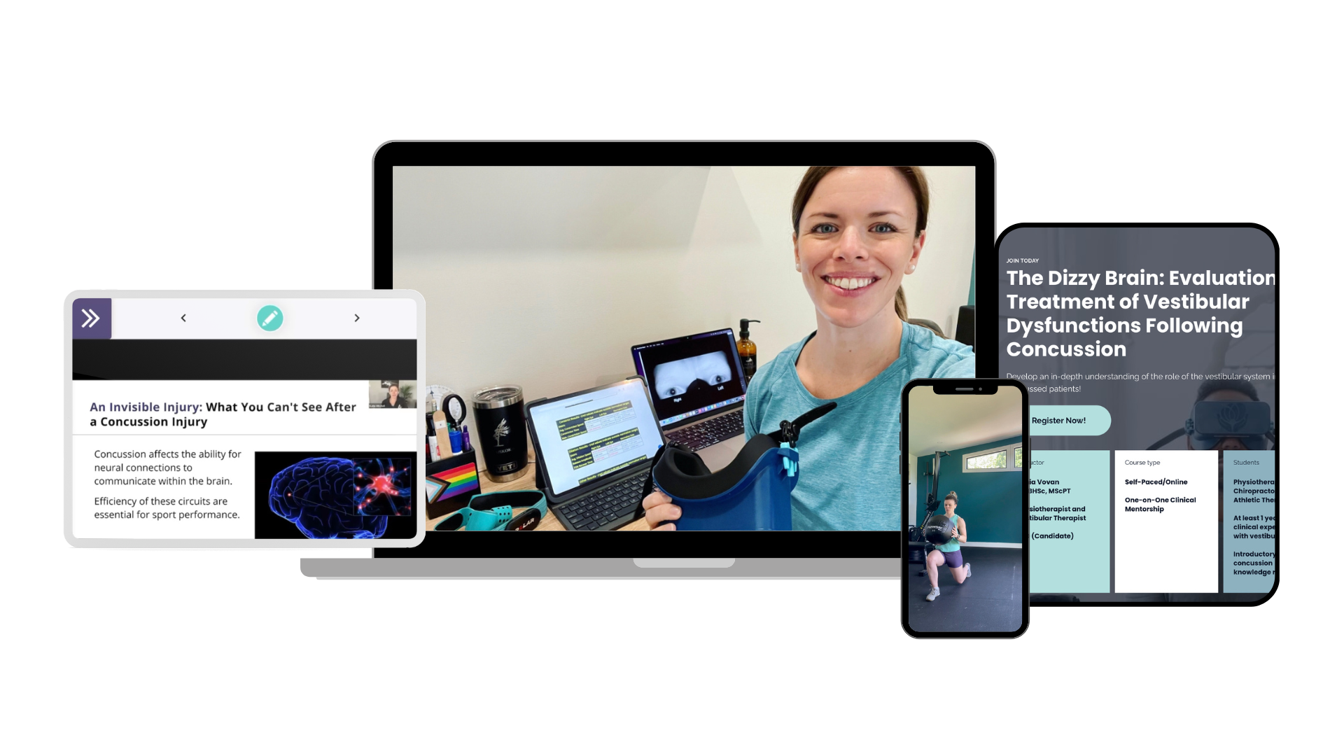 Laptop computer with women at a desk holding vestibular goggles, tablet displaying a teaching slide, and mobile phone displaying a walking lunge