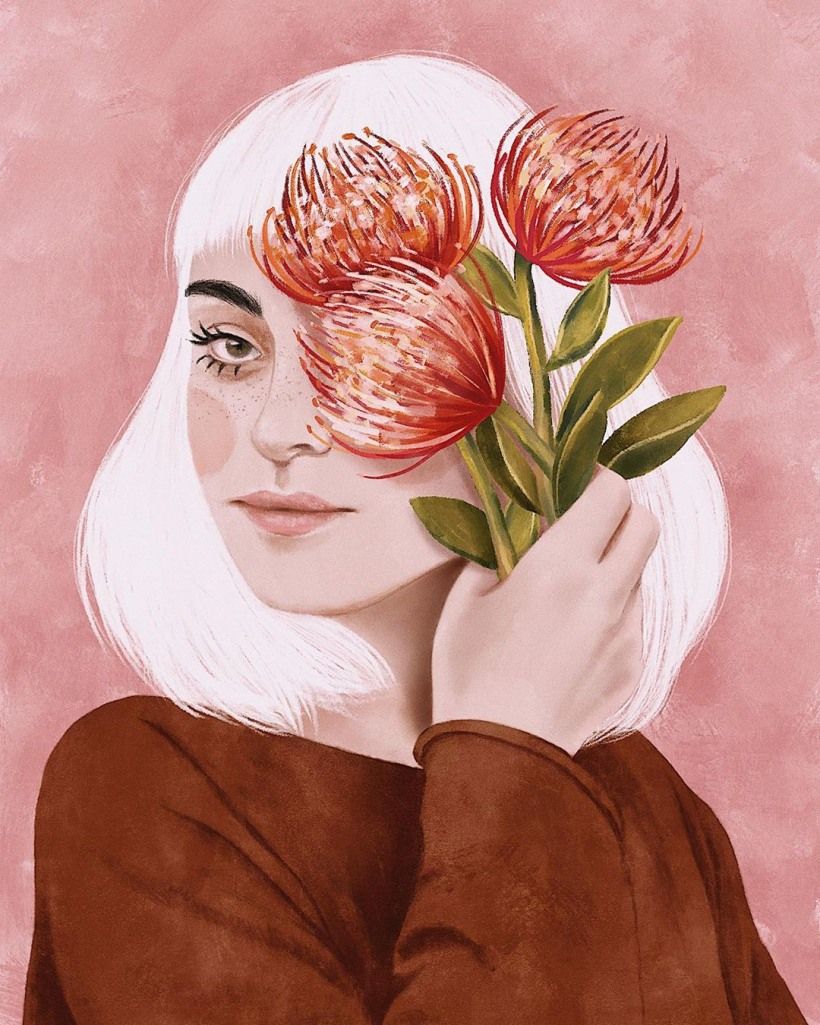 Ilustração de Débora Islas, uma mulher cobrindo seu rosto com uma flor 