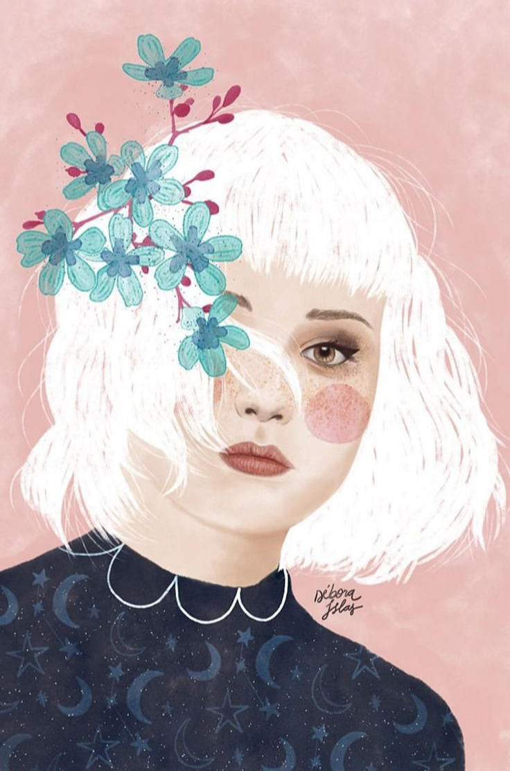 Ilustração de Débora Islas, mulher com o rosto coberto por flores.