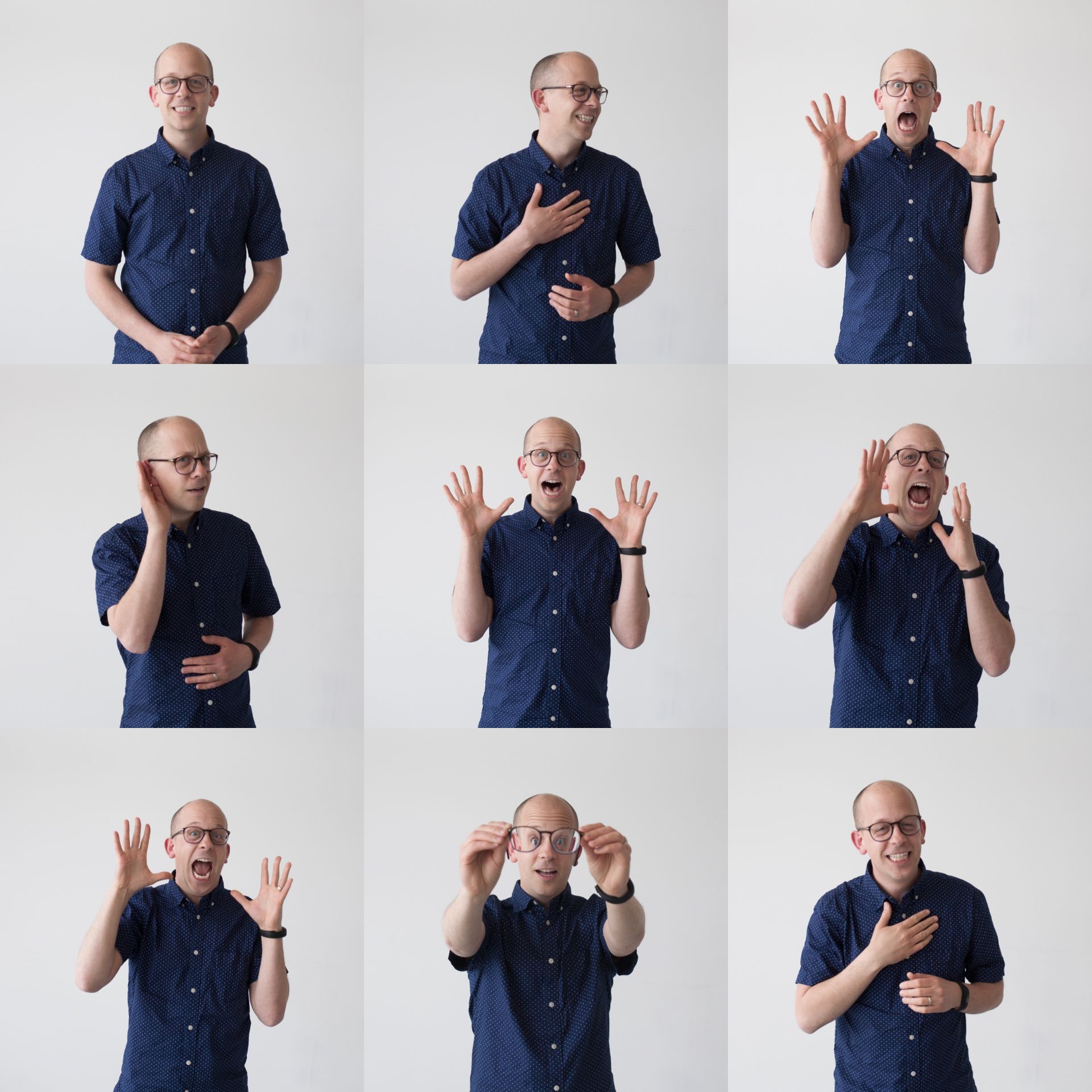 Grid of nine studio photos of Kevan Gilbert