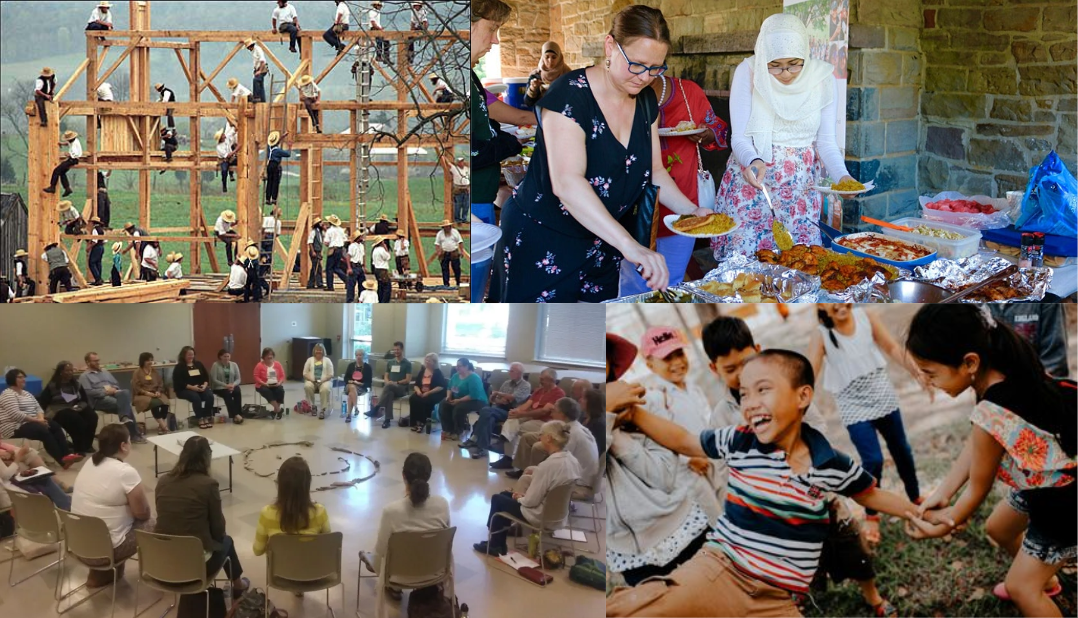 1. Nebraska Amish barn-raising photo by Randall Persing. 2. Hello Neighbor's annual community in Pittsburgh. 3. Circle Process training with Advoz and Kay Pranis at Elizabethtown College in 2016. 4. “Tag” photo by Mi Pham in Cao Lãnh, Vietnam via unsplash.