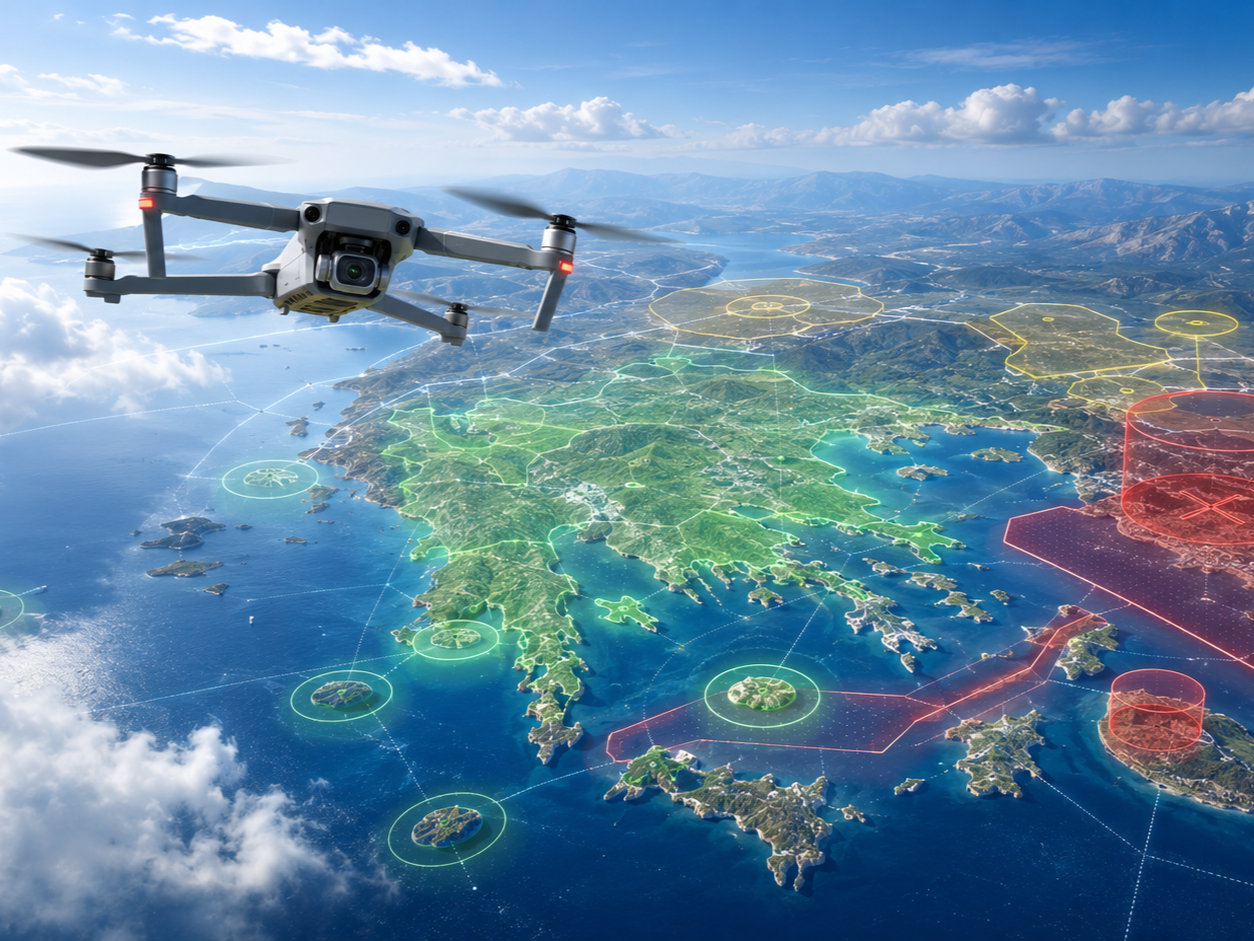 Drone πάνω από τον χάρτη της Ελλάδας με ψηφιακές γεωγραφικές ζώνες