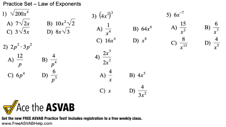 Get free ASVAB practice with Math Knowledge - Laws of Exponents
