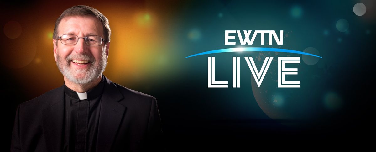 Banner image of a priest and the EWTN LIVE logo