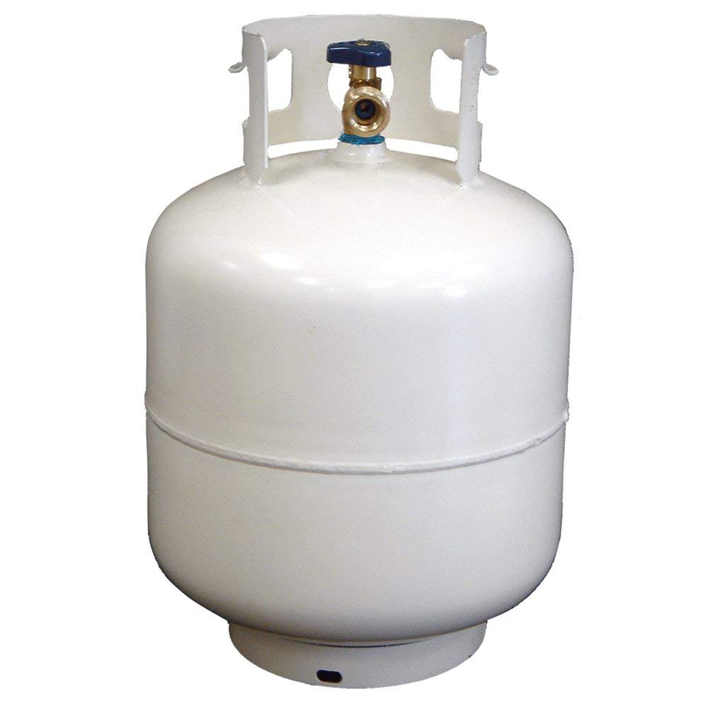 A standard residential white propane cylinder with the valve and protective collar visible at the top, representing the type of sealed pressurized container where the ideal gas law most directly applies on a fire scene.