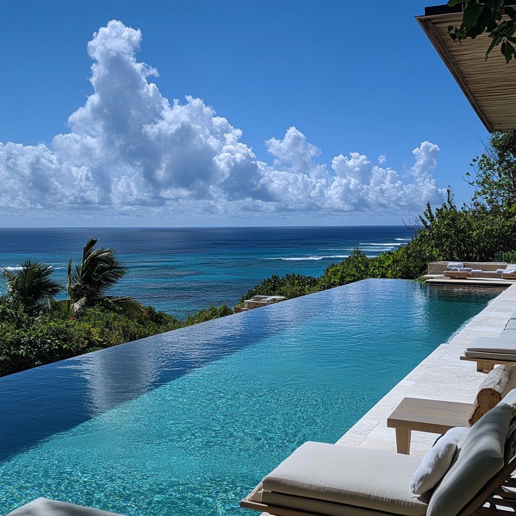 A resort swimming pool overlooking an open ocean on a clear day — used in the post to compare the temperature effect of equal heat input on two systems of vastly different size