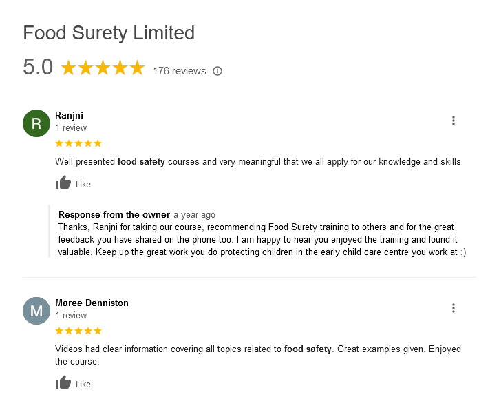 Food Surety Training Google review snippet showing 5 stars review for the Food Hygiene certificate NZ  from Food Surety - Availalbe online any where in New Zealand and the world.