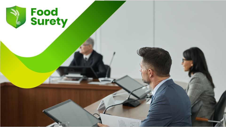 Food business dierctors and board members standing in a meeting room chating about food safety governance training and how to build positive food safety culture - Food Surety 