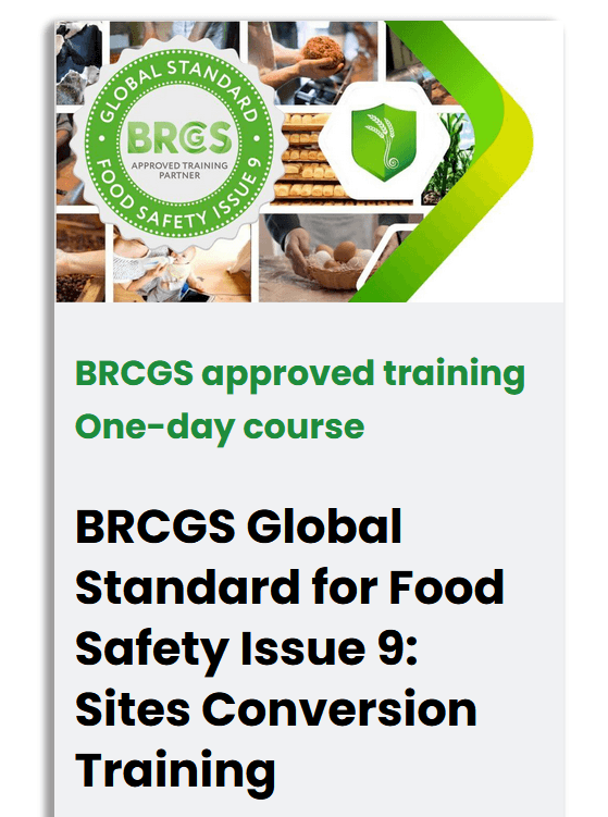 BRCGS logo and Food Surety New Zealand Logo shown in a course card for BRCGS Issue 8 to issue 9 conversion Training course for sites 