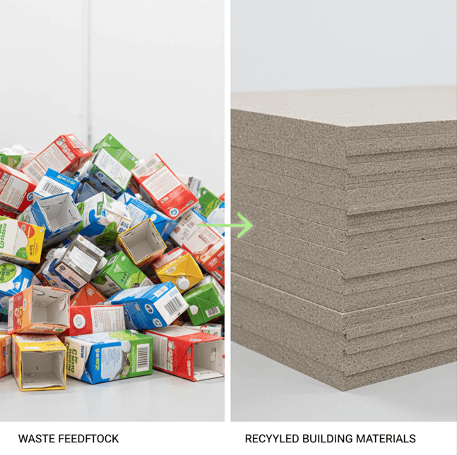 Composite beverage cartons being transformed into recycled construction boards.