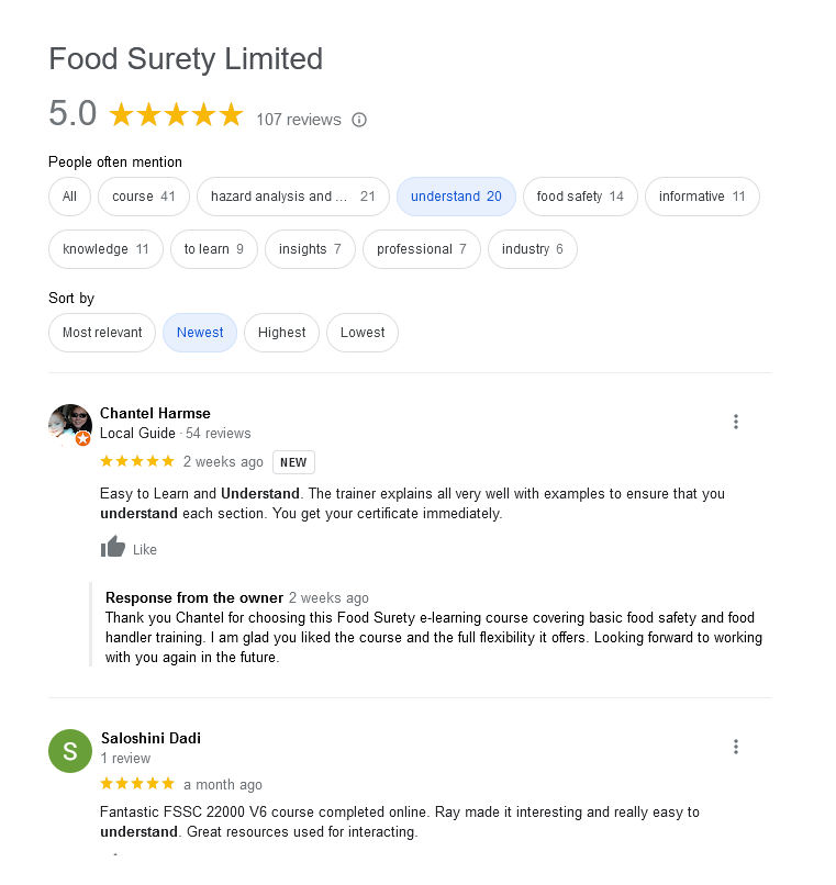 Google review snippet showing 5 stars review for the Food Hygiene certificate NZ  from Food Surety - Availalbe online any where in New Zealand and the world.