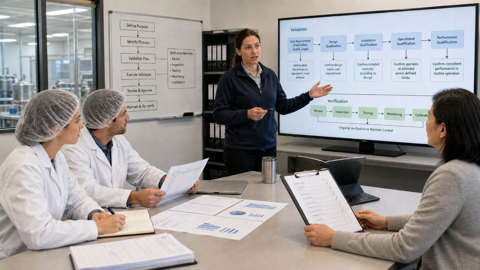 A quality manager explaining in a meeting room the brocess for BRCGS requirements around validation and verification for the QC team in a dairy Factory. Listed in Food Surety Limited Training for BRCGS