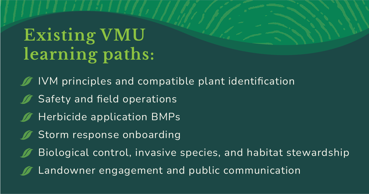 Grow With Trees graphic showing Vegetation Management University (VMU) learning paths for vegetation management and Integrated Vegetation Management (IVM) training, including plant identification, safety, herbicide application BMPs, storm response, habitat stewardship, and landowner communication.