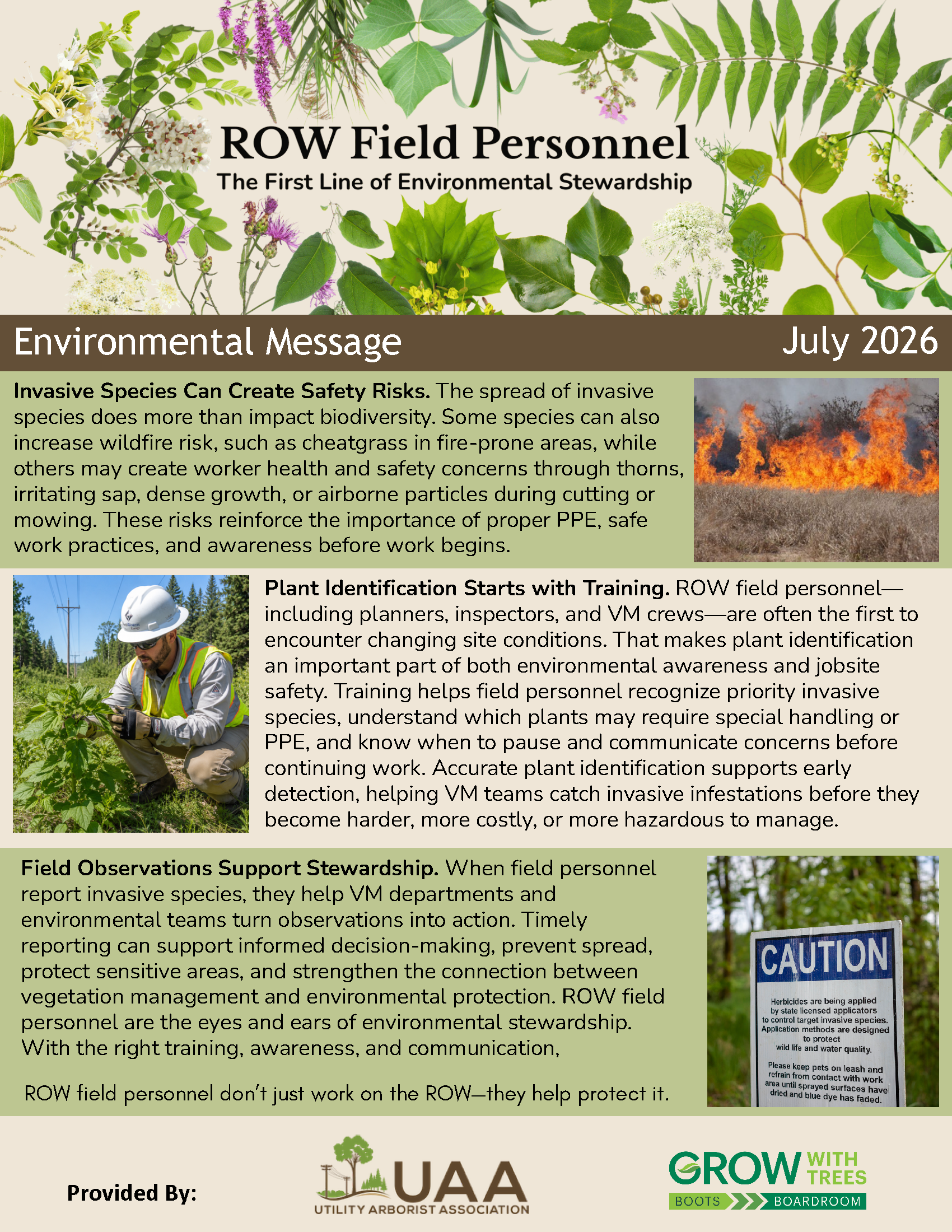 ROW Field Personnel: The First Line of Environmental Stewardship. Environmental Message July 2026. Invasive Species Can Create Safety Risks. The spread of invasive species does more than impact biodiversity. Some species can also increase wildfire risk, such as cheatgrass in fire-prone areas, while others may create worker health and safety concerns through thorns, irritating sap, dense growth, or airborne particles during cutting or mowing. These risks reinforce the importance of proper PPE, safe work practices, and awareness before work begins. Plant Identification Starts with Training. ROW field personnel—including planners, inspectors, and VM crews—are often the first to encounter changing site conditions. That makes plant identification an important part of both environmental awareness and jobsite safety. Training helps field personnel recognize priority invasive species, understand which plants may require special handling or PPE, and know when to pause and communicate concerns before continuing work. Accurate plant identification supports early detection, helping VM teams catch invasive infestations before they become harder, more costly, or more hazardous to manage. Field Observations Support Stewardship. When field personnel report invasive species, they help VM departments and environmental teams turn observations into action. Timely reporting can support informed decision-making, prevent spread, protect sensitive areas, and strengthen the connection between vegetation management and environmental protection. ROW field personnel are the eyes and ears of environmental stewardship. With the right training, awareness, and communication, ROW field personnel don’t just work on the ROW—they help protect it.