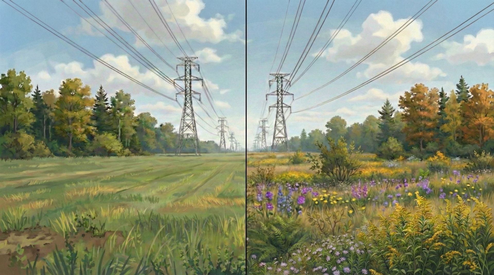 Side-by-side comparison of a utility transmission right-of-way under routine cycle-based vegetation maintenance versus Integrated Vegetation Management (IVM) with diverse native plant communities.