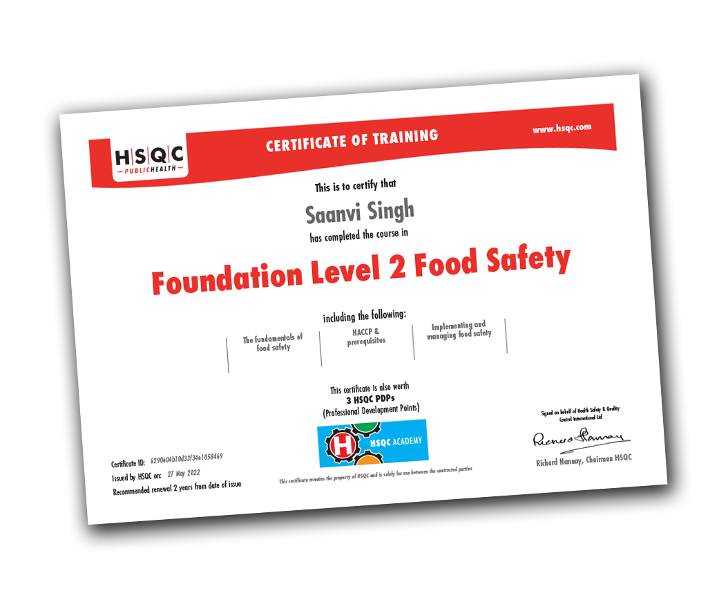 Certification for Foundation Level 2 Food Safety