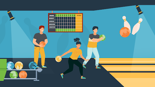 illustration of 3 people bowling and having fun. 