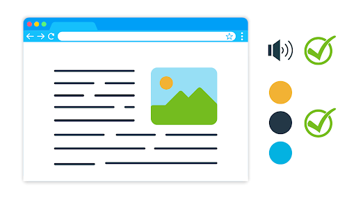 illustration of web page with checklist on one side if audio acceptable and colors acceptable. 