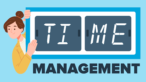 illustration young woman next to sign that says word time.  Word below says management.