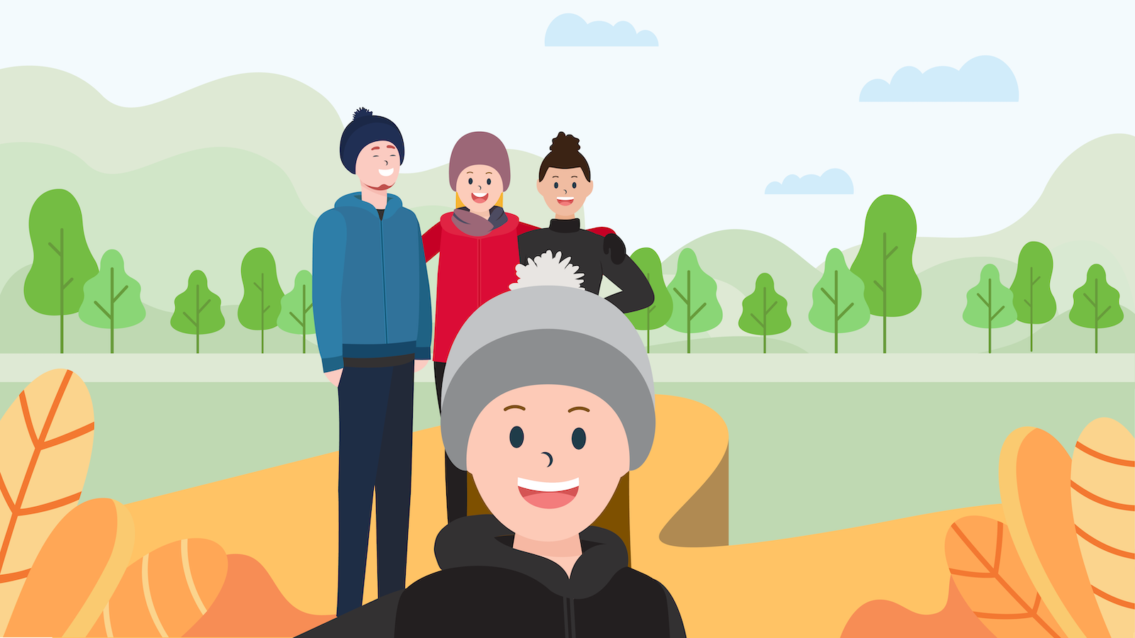 illustration of 4 co-workers on top of a trail outdoors taking a group selfie.  Wearing winter coats and a fall theme nature. 