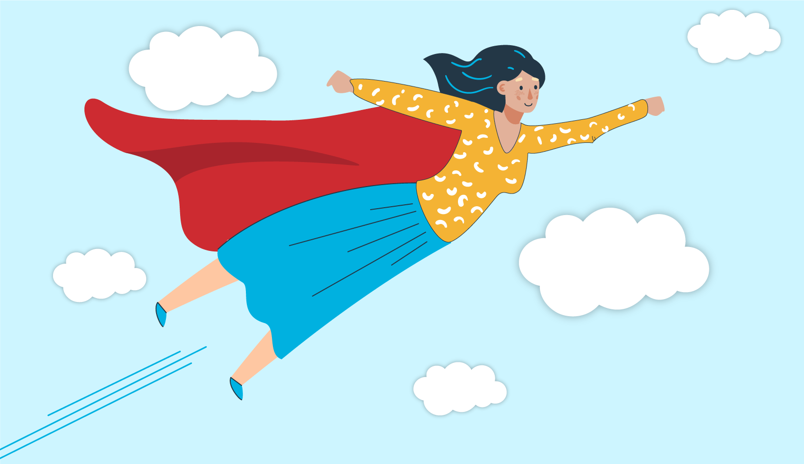Woman in flying through the sky with a red cape.