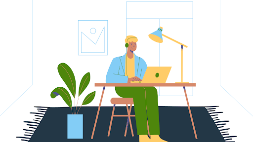 Illustrated person sitting at desk with laptop in their home office