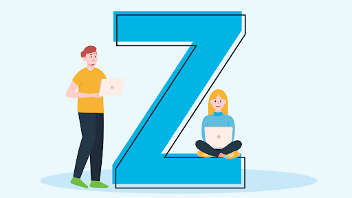 Illustration of two young adults hanging around a giant letter Z
