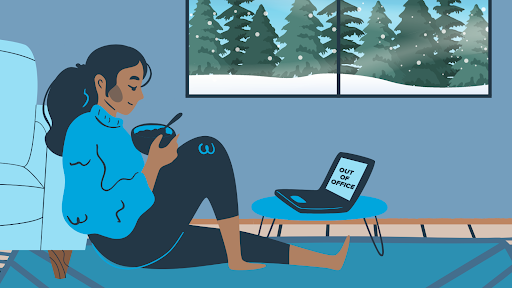 illustration of young woman leaning back against chair on floor eating from a bowl with a laptop. snowing through a window.