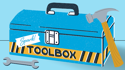 illustration of a toolbox with a hammer. Box has a label fo Spark Toolbox on the bottom. 
