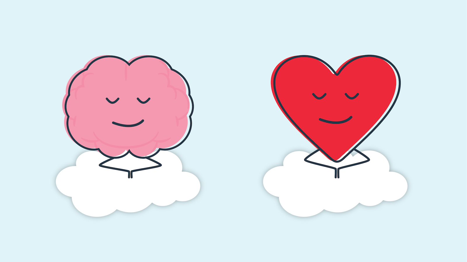 Illustration of a brain and heart icon with little arms meditating over clouds