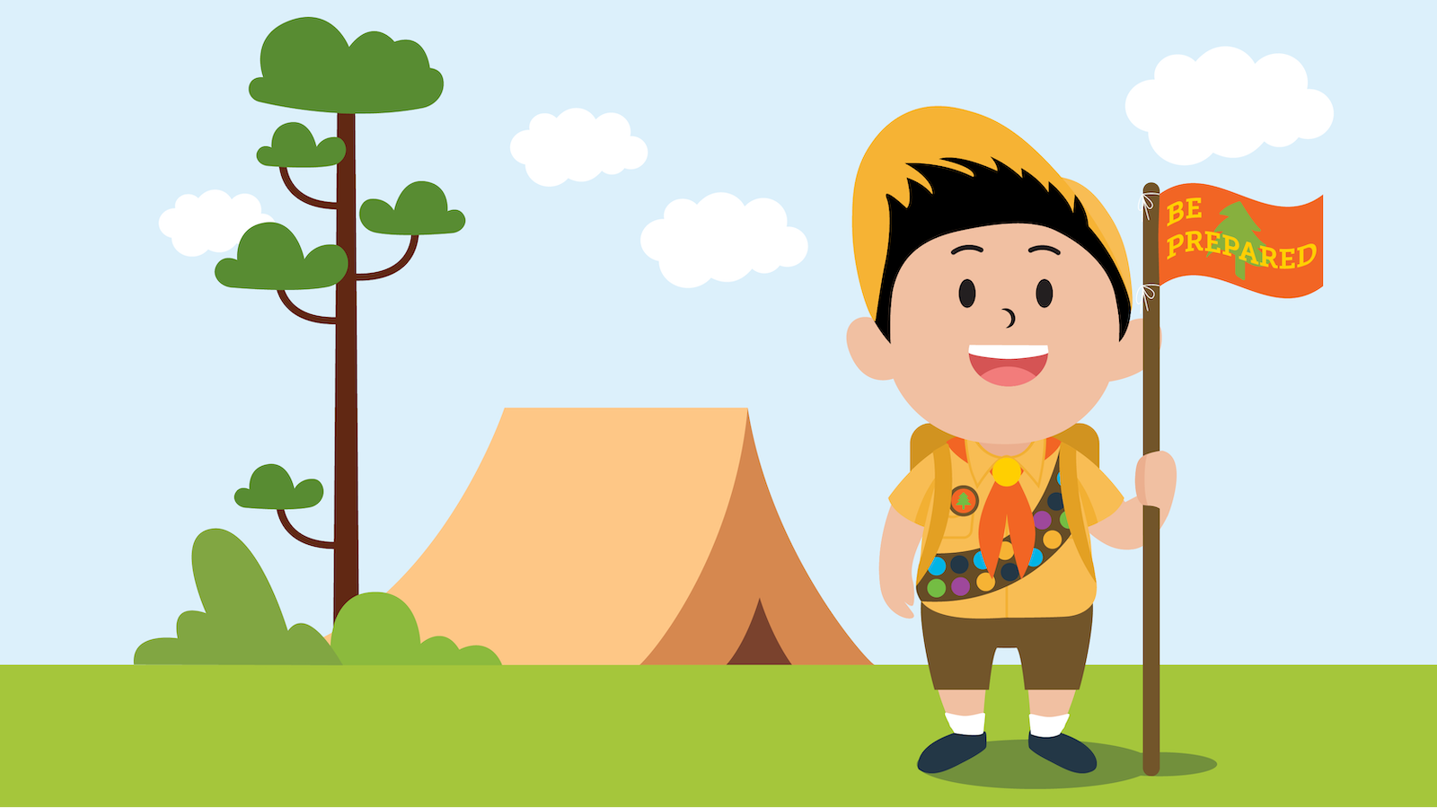 illustration of a young child camper staning in front of a tent outdoors.  Child holding a small flag that says be prepared and has a sash of badges across his chest. 