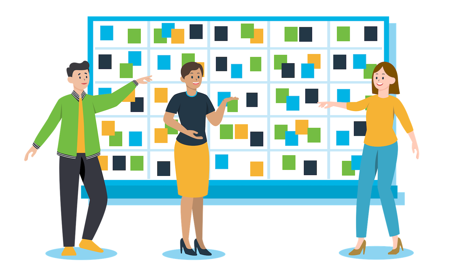 Illustration of 3 people standing in front of a large board with sticky notes and pointing to different areas. 