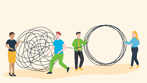 illustration of four people.  The is a large jumbled rope between the first two.  The rope is in a nice loop between the other two people. 
