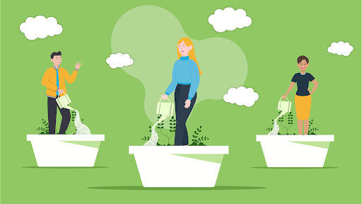 Illustration of 3 people on top potting plants watering at their feet. 