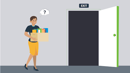 Illustration of woman carrying box of books toward and exit door.  Person has a question mark in thought.