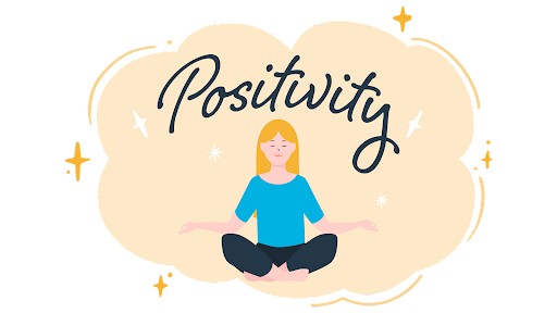 illustration of young woman sitting on floor in meditation with word positivity overhead.