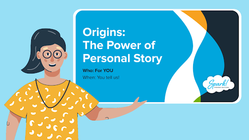 illustration of presenting in front of slide with title of the power of personal story