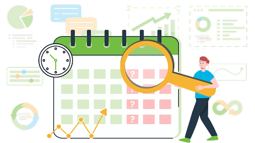 illustration of a person holding a large magnifying glass  over a calendar sheet with charts graphics all around the person. 