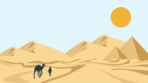 illustration a person walknig a camel in the desert toward a pyramid