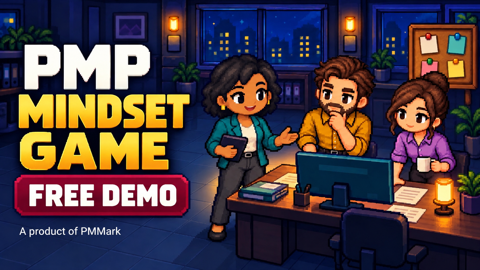 PMP Mindset Game free demo: a pixel-art project manager and two colleagues discussing a project in an office.