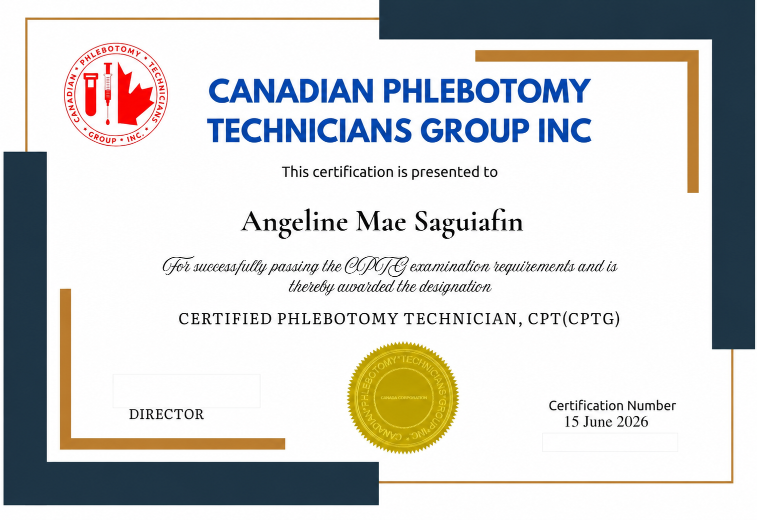 CPTG Certified Phlebotomy Technician certificate earned by Angeline Mae