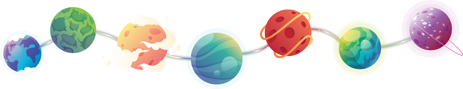 12 animated planets in a line