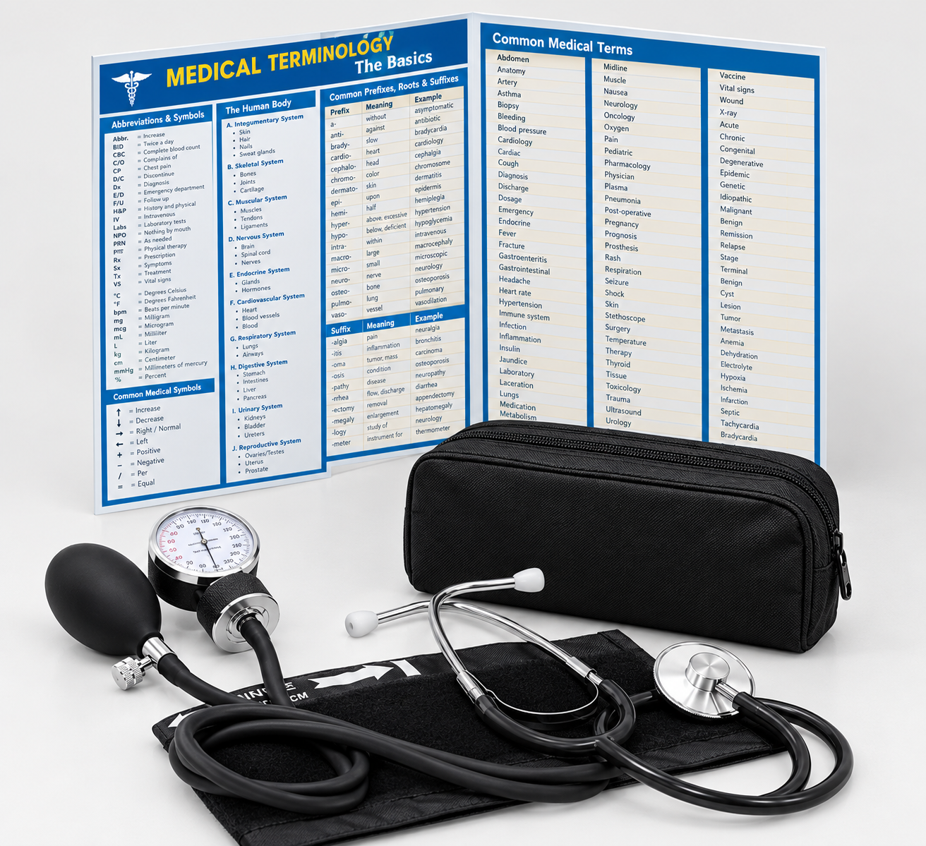 York Medical Practice Kit — stethoscope, blood-pressure cuff, carry case and laminated medical terminology quick-reference guide