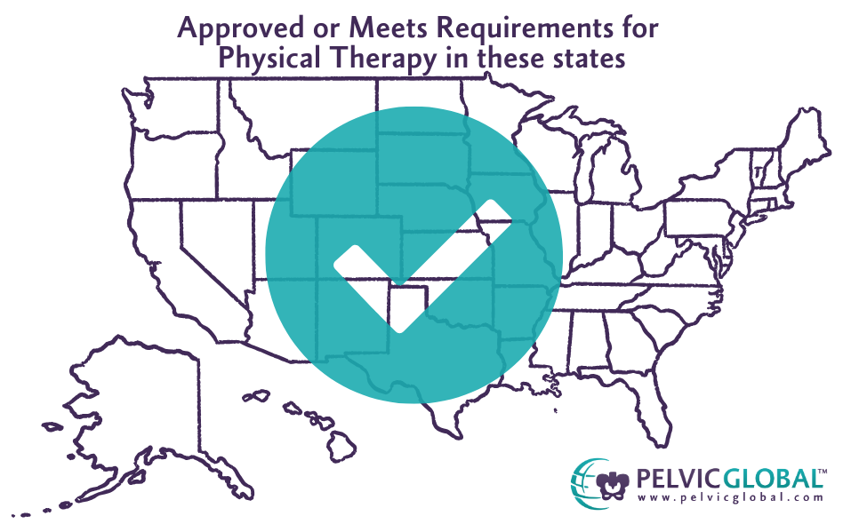 "Approved or Meets Requirements for Physical Therapy in these states" with a map of the united states and a large green check mark over it and then the Pelvic Global logo in the bottom right corner. 