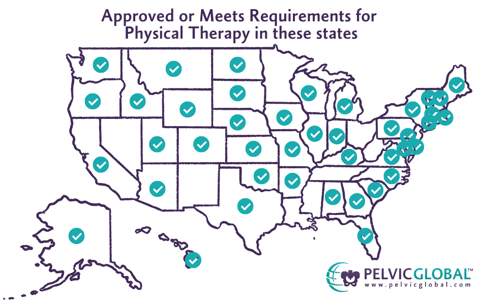 Map of PT CEUs. "Approved or Meets Requirements for Physical Therapy in these states". States listed per data on this page. Pelvic Global logo bottom right corner. 